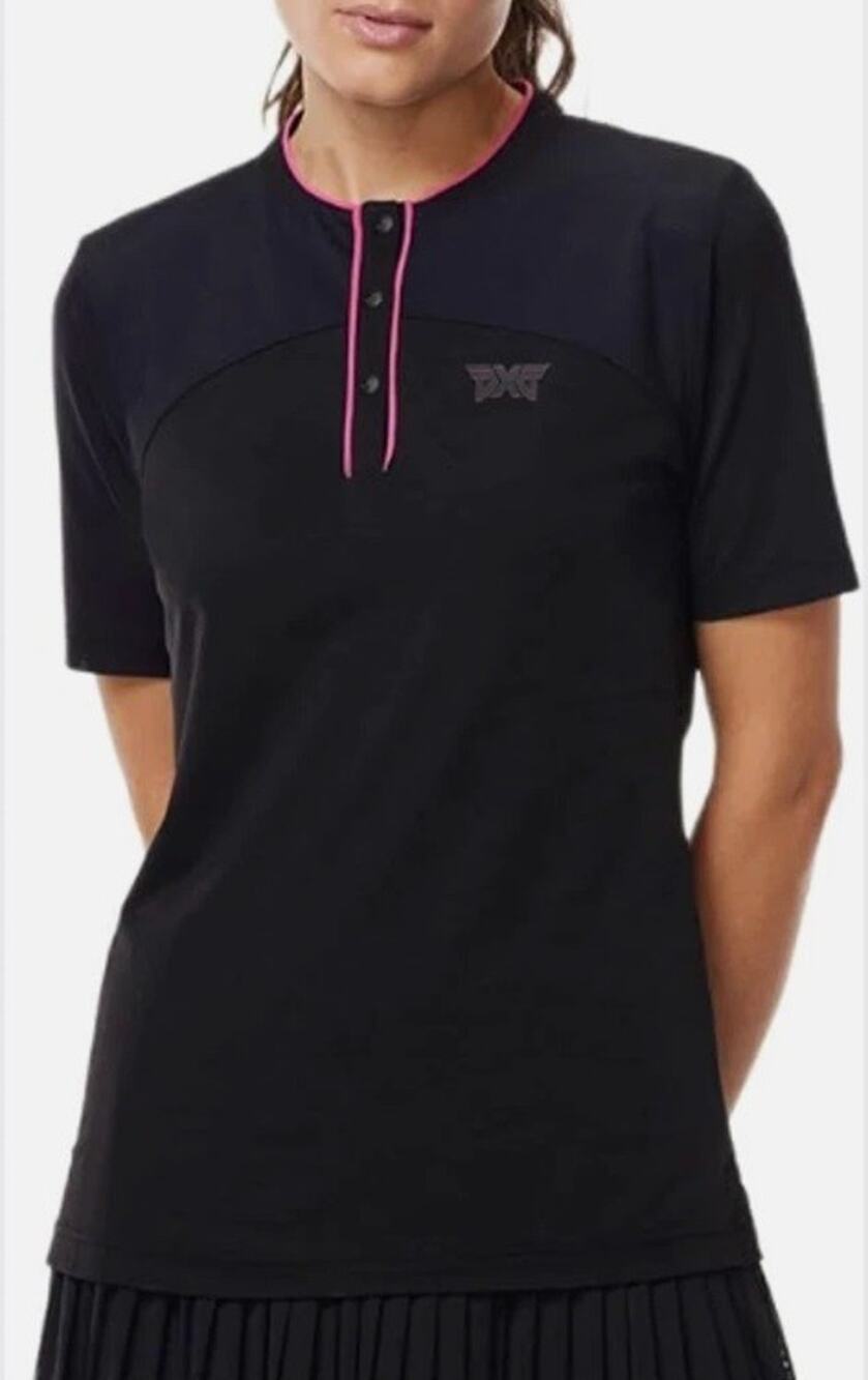 PXG Women's Sz S Lumen Lightweight Logo Polo Black Pink Golf Sporty
